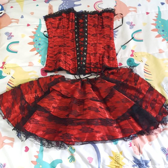 2pcs set black red satin lace strapless corset bustier top and mini skirt - Picture 1 of 6